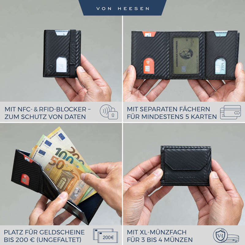 Slim Wallet mit RFID-Schutz, 5 Kartenfächer und XL-Münzfach