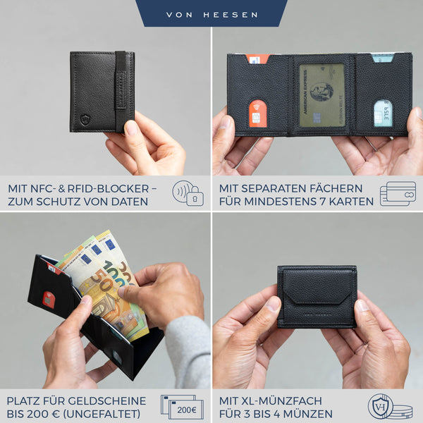 Slim Wallet mit RFID-Schutz, 5 Kartenfächer und XL-Münzfach